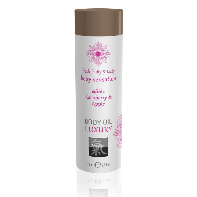 Shiatsu - edible body oil - luxury - Raspberry and apple, Product front view  | Flirtybay.com.au